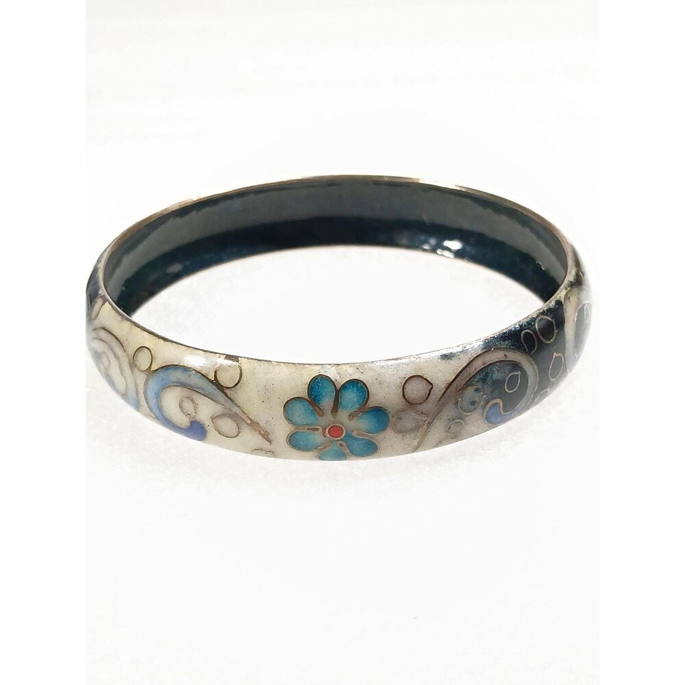Vintage Cloisonné  Brass Bangle Floral Enamel 2.625"